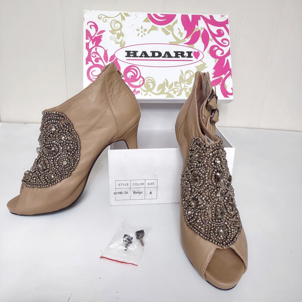HADARI Tan Beaded Leather Ankle Boost Peep Toes Platform Size 8 Stiletto Heels